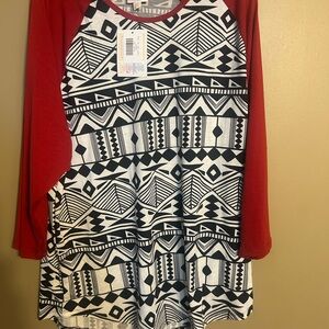 LuLaRoe Black and White Geometric Top with Red Sleeves